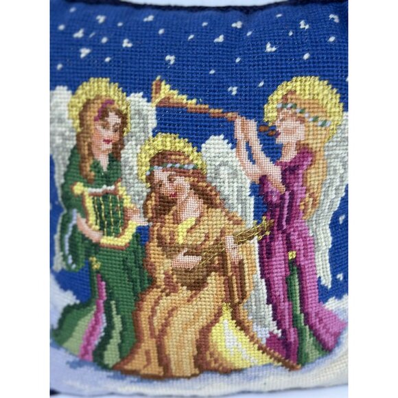 Vintage Needlepoint Velvet Pillow – Musical Angels Christmas Decor – 9.5″ × 10″ - Picture 5 of 5